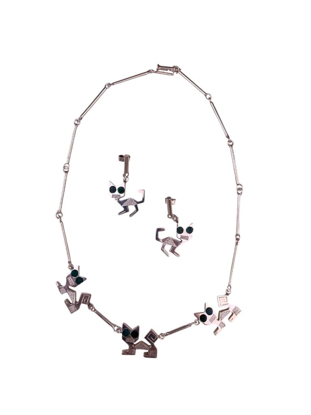 Sterling Silver Womens Necklace & Earrings Set Stylized Cats Green Stone Inlays